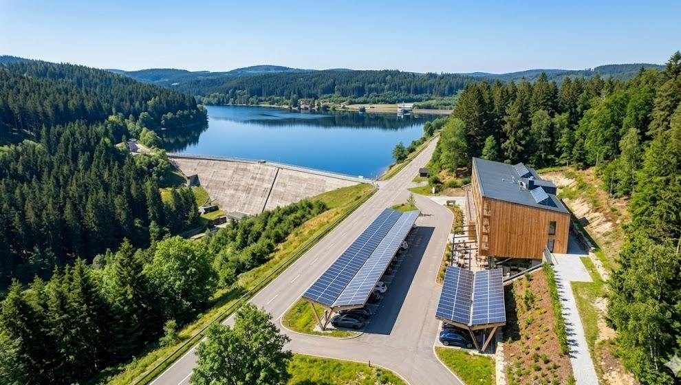 Visualisierung aus der Luft: Holzhotel und Solar-Carports neben der Staumauer am Schluchsee