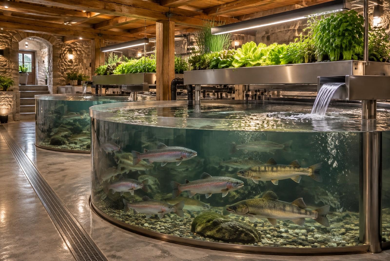 Visualisierung: Aquaponik-Anlage im Keller mit Forellen, Zandern und Kräuterbeeten