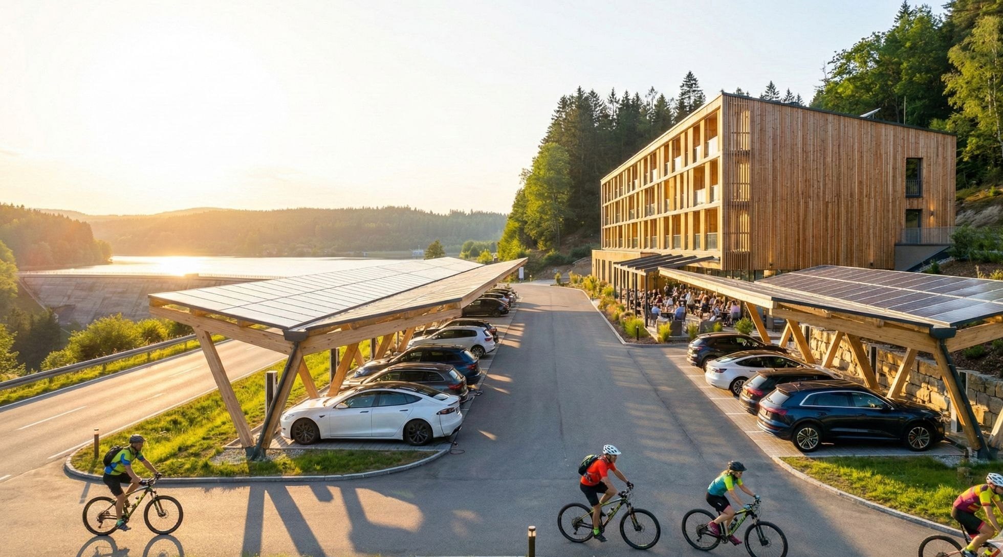 Visualisierung: Holzhotel mit Solar-Carports an der Schluchsee-Staumauer bei Sonnenuntergang
