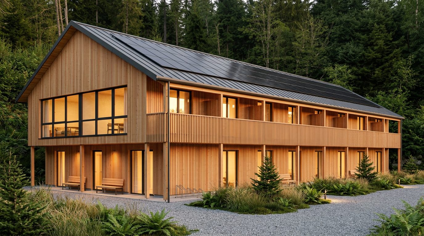 Konzeptstudie: das sanierte Gebäude als modernes Holzhotel mit Solardach