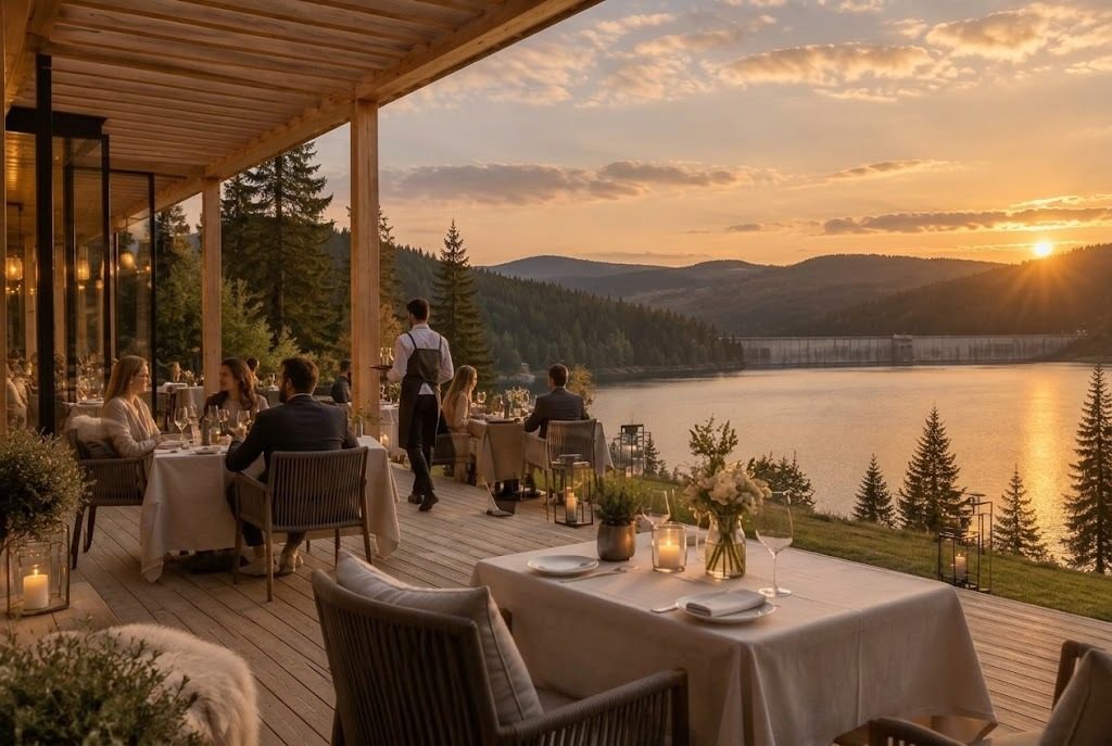 Visualisierung: Restaurant-Terrasse aus Holz mit Blick auf Schluchsee und Staumauer bei Sonnenuntergang