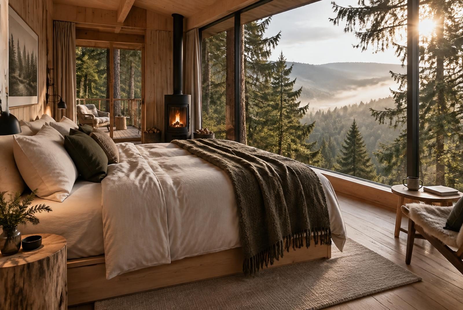 Visualisierung: Baumhaus-Suite mit Holzofen und Panoramafenster in die Baumkronen