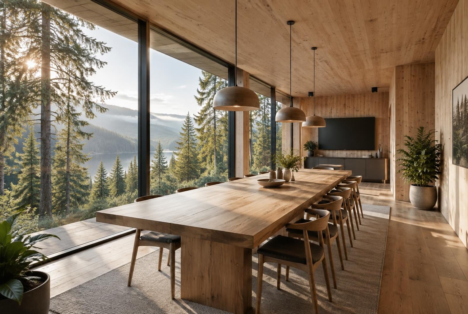 Visualisierung: Tagungsraum aus Massivholz mit Panoramafenstern in die Baumwipfel
