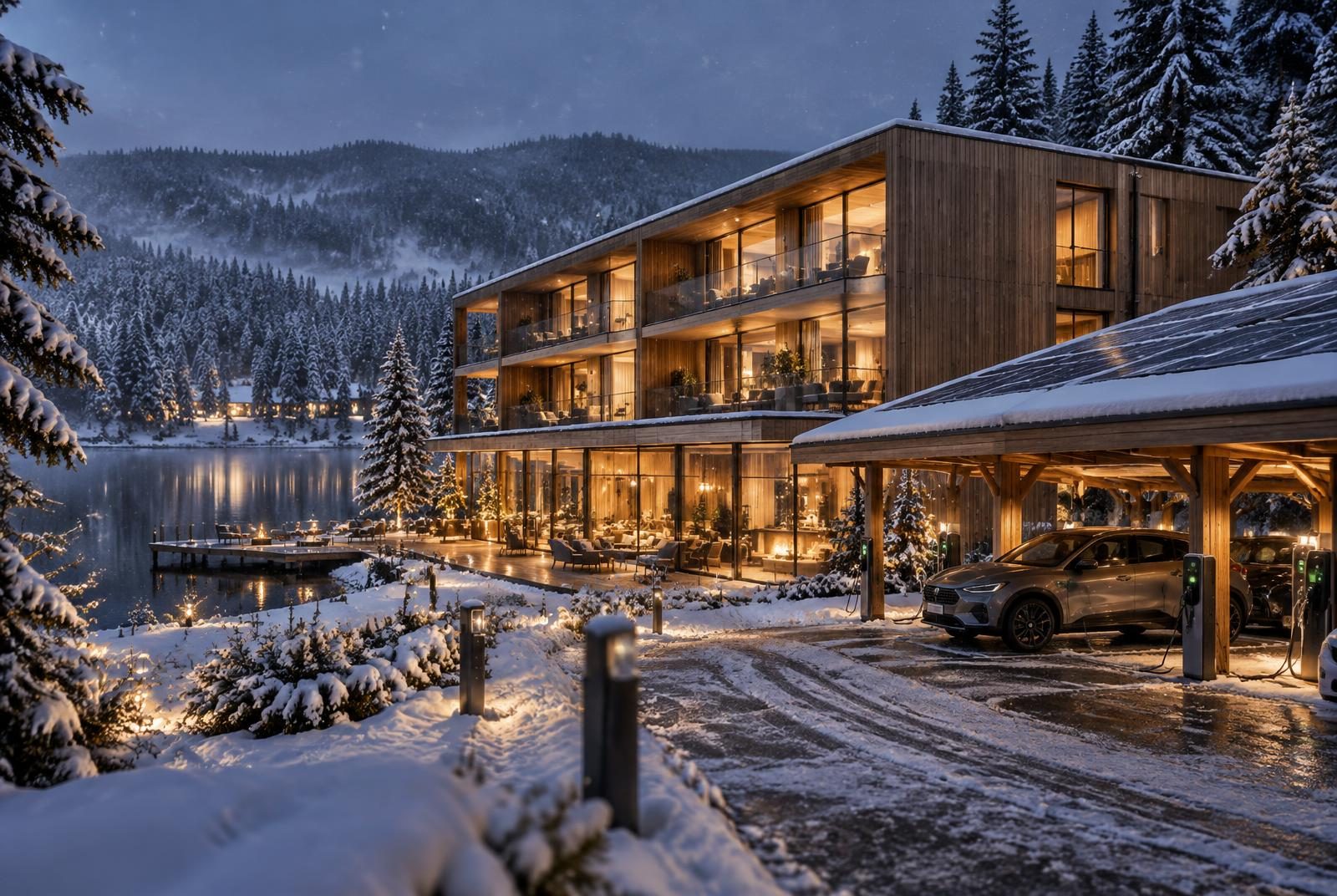 Visualisierung: das Holzhotel im Winter mit verschneiten Solar-Carports und Ladestationen